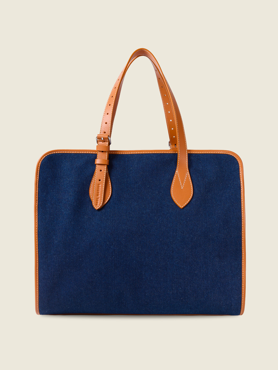 Sac cabas L en jean bleu & cuir LeCabas L Escapade - Denim Brut vue face