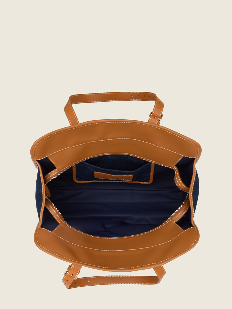 Sac cabas L en jean bleu & cuir LeCabas L Escapade - Denim Brut photo focus matiere