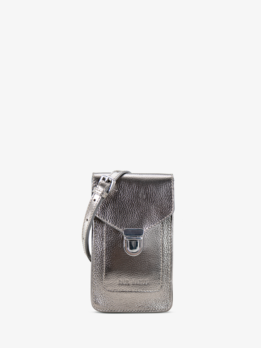 sac-telephone-cuir-argente-leporte-telephone-acier-vue-face-m88-gm