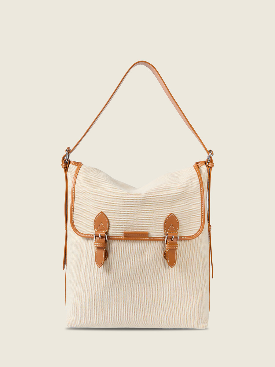 Grand sac bandoulière en toile beige Loulou L Escapade - Toile beige vue face