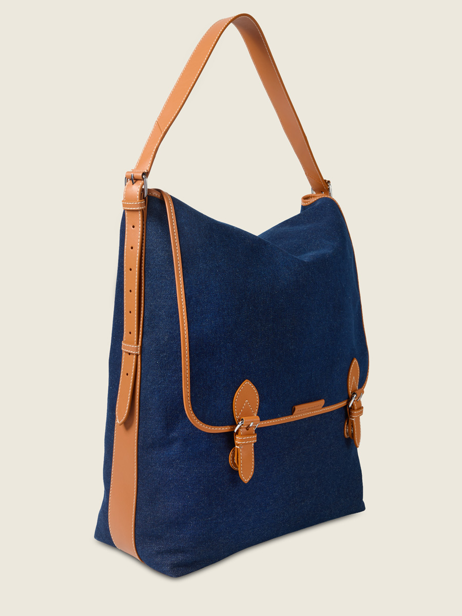 Sac bandoulière XL en jean bleu & cuir Loulou XL Escapade - Denim Brut vue interieure