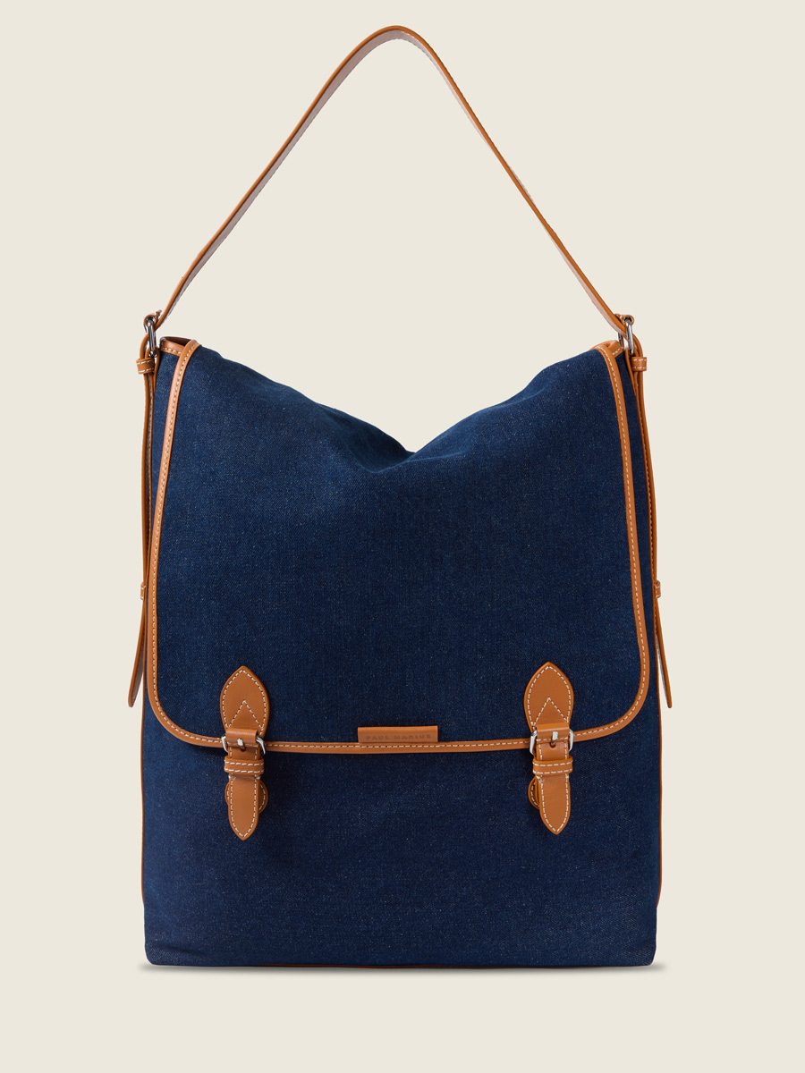 Sac bandoulière XL en jean bleu & cuir Loulou XL Escapade - Denim Brut vue face