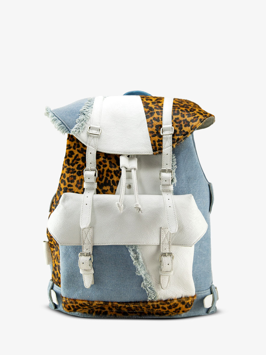 photo-vue-de-face-sac-a-dos-cuir-leopard-blanc-monlegionnaire-chimere-denim-blanc-paul-marius-bbp-ch-w-denim