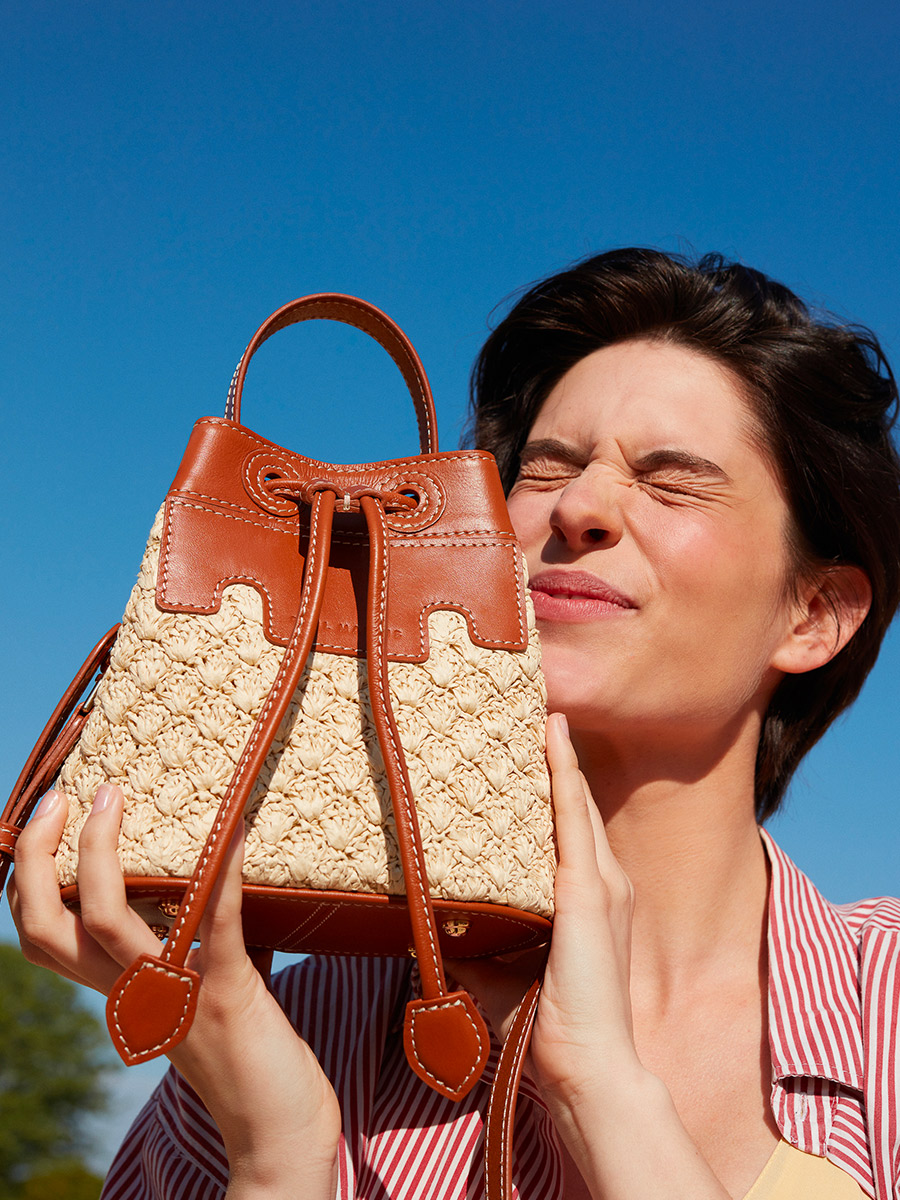 Petit sac seau en raphia et cuir Capucine XS Raphia - Naturel / Cognac vue dos