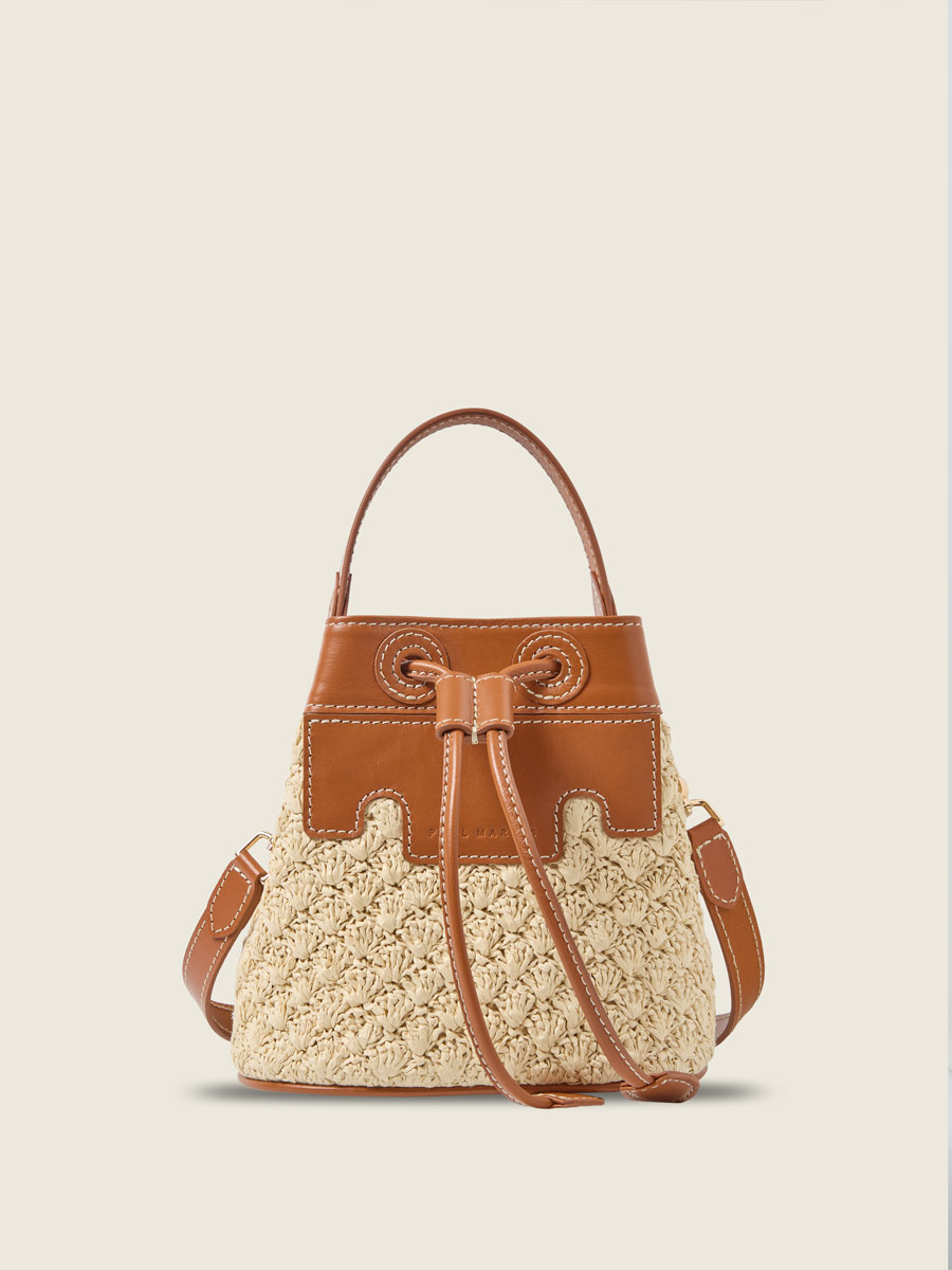 Petit sac seau en raphia et cuir Capucine XS Raphia - Naturel / Cognac vue face