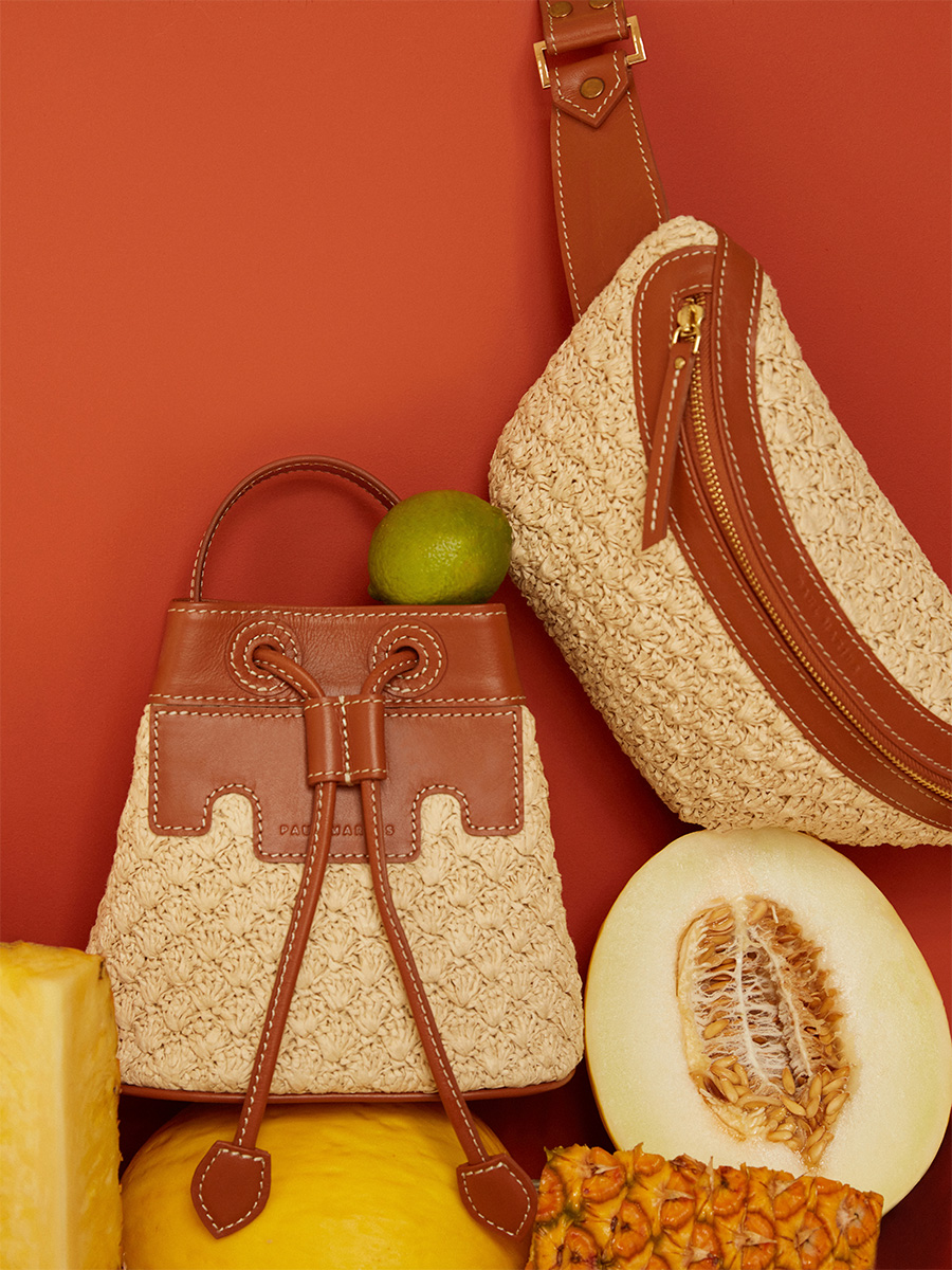 Petit sac seau en raphia et cuir Capucine XS Raphia - Naturel / Cognac photo focus matiere