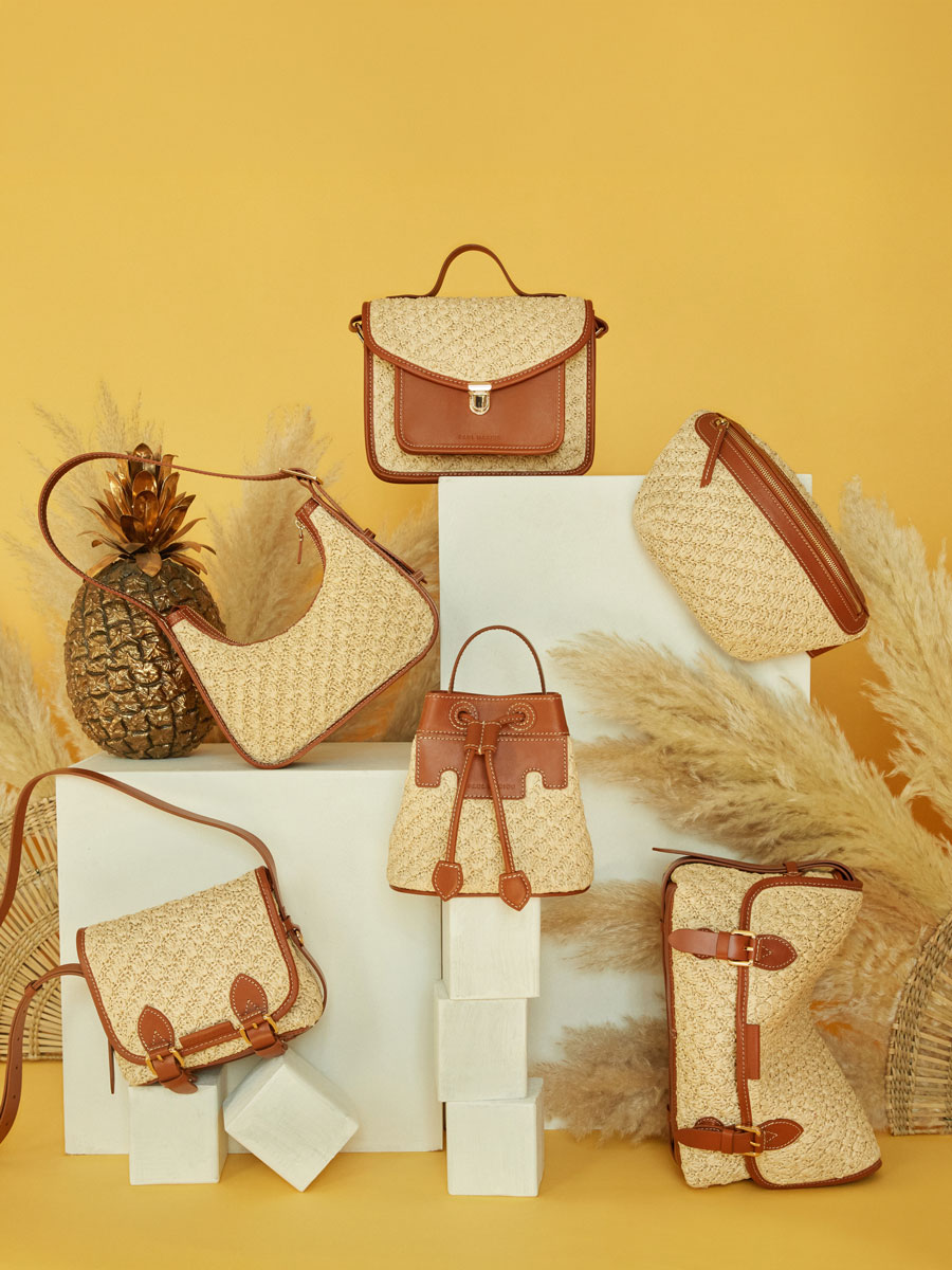 Sac baguette en raphia et cuir Victoire XS Raphia - Naturel / Cognac photo focus matiere