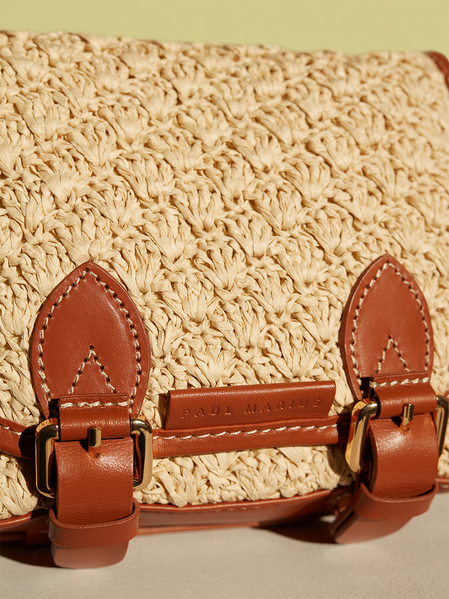 Mini sac bandoulière en raphia et cuir Loulou S Raphia - Naturel / Cognac photo focus matiere