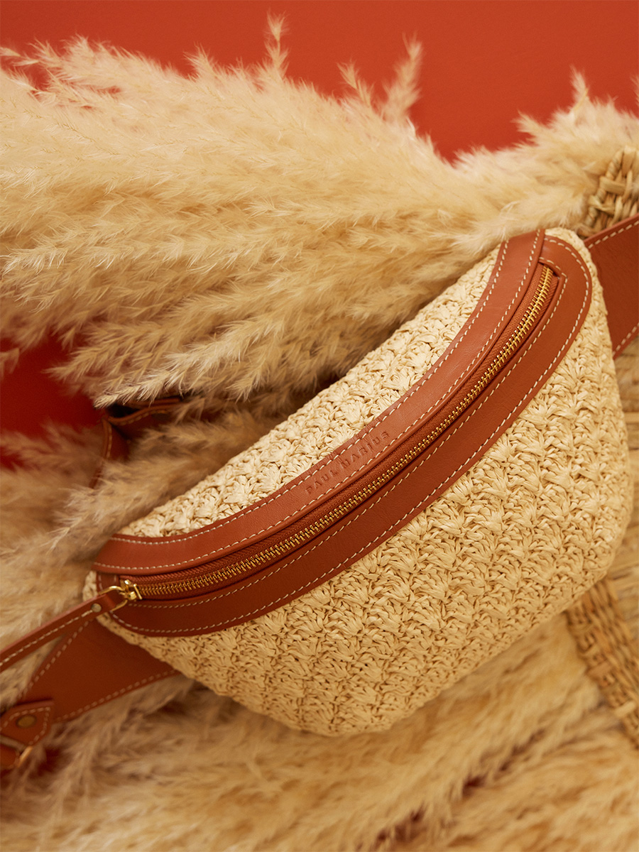 Sac banane en raphia et cuir LaBanane Raphia - Naturel / Cognac vue cote