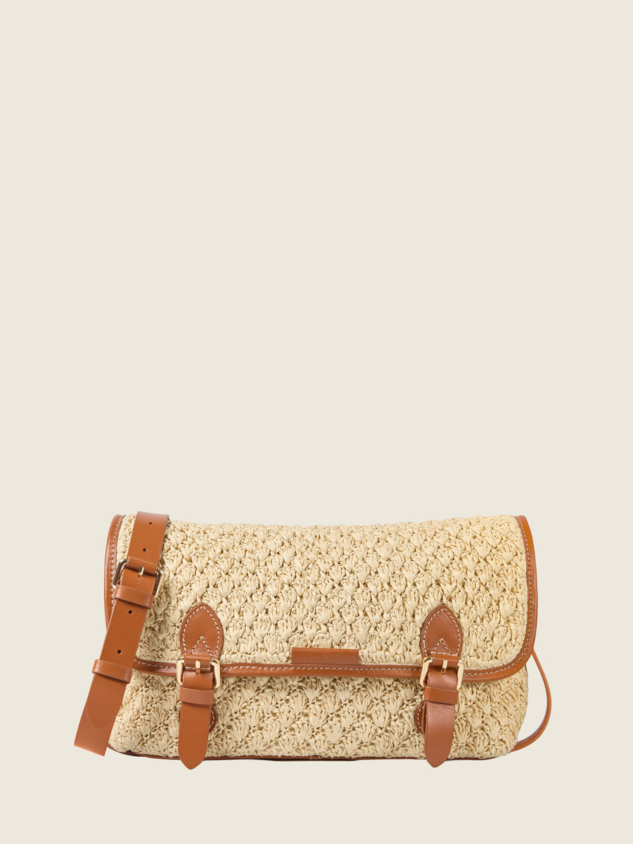 Sac bandoulière en cuir et raphia Loulou Raphia - Naturel / Cognac vue face