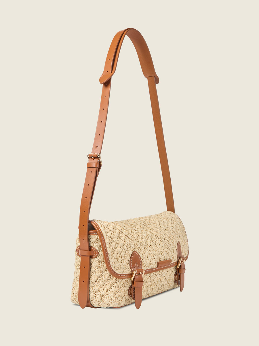 Sac bandoulière en cuir et raphia Loulou Raphia - Naturel / Cognac vue interieure