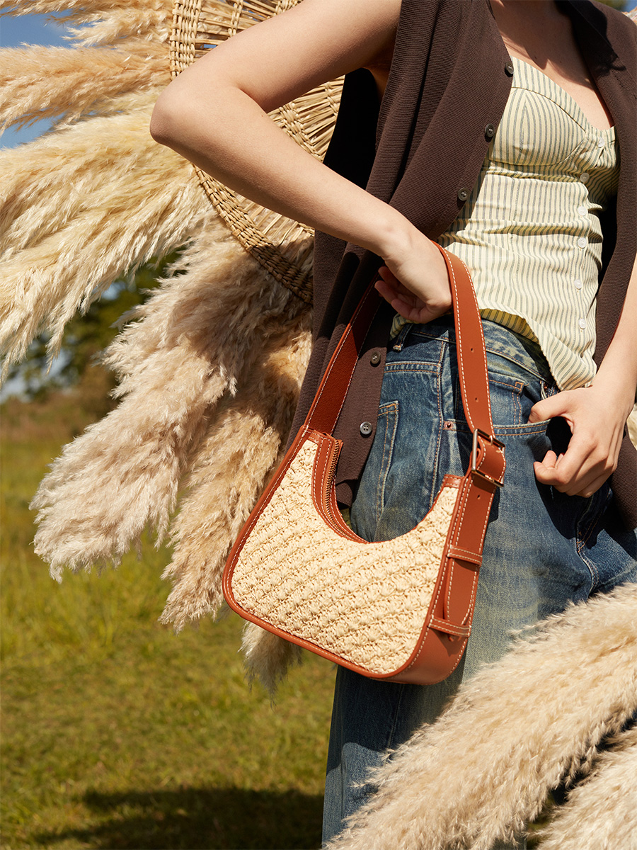 Sac baguette en raphia et cuir Victoire XS Raphia - Naturel / Cognac vue dos