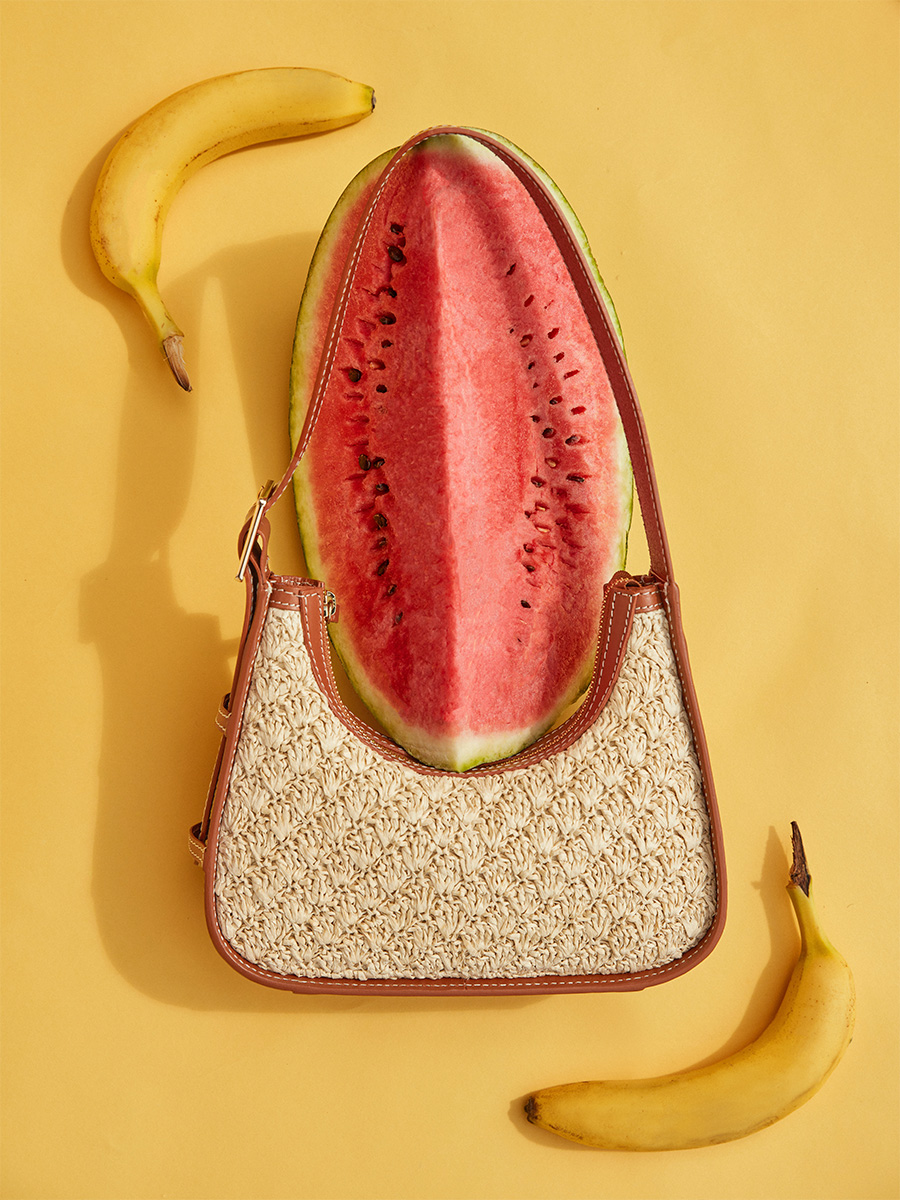 Sac baguette en raphia et cuir Victoire XS Raphia - Naturel / Cognac vue cote