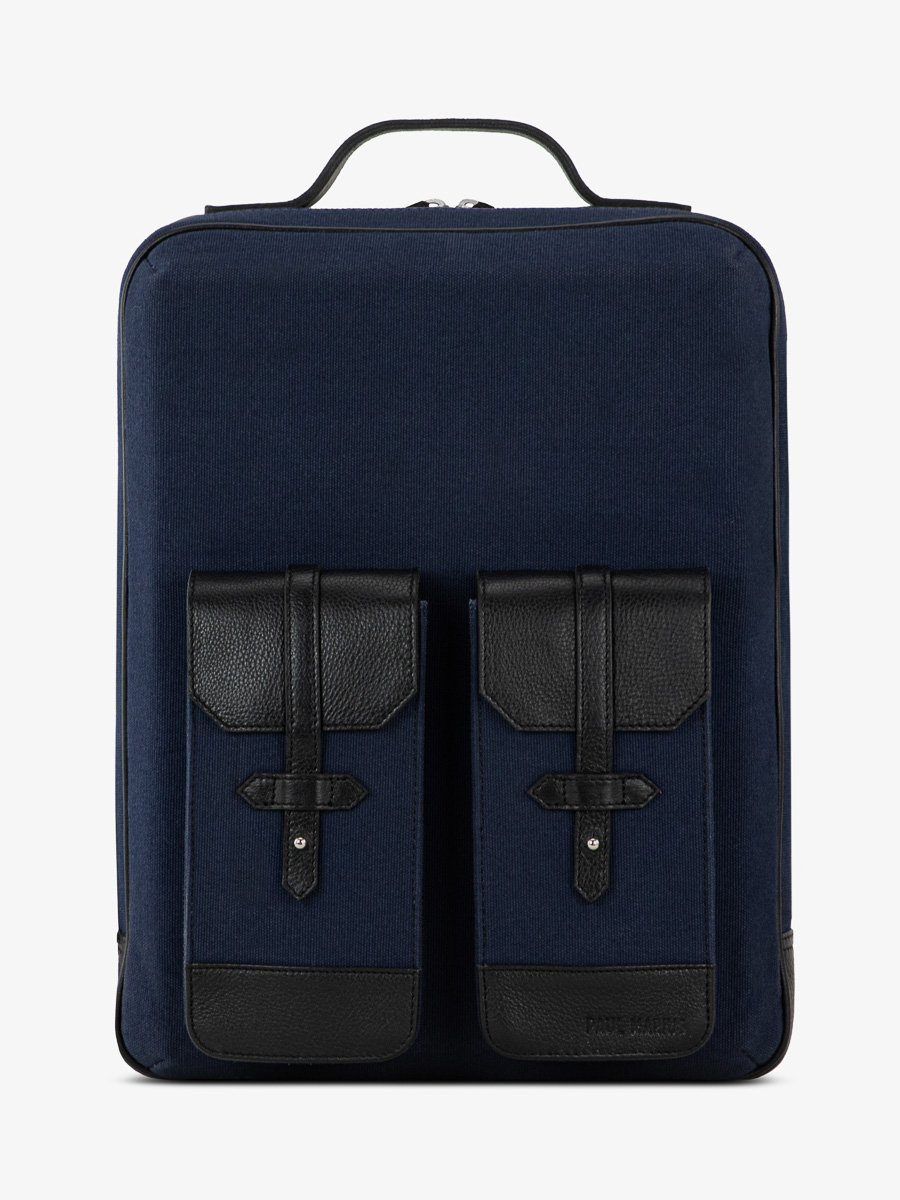 photo-vue-de-face-sac-a-dos-cuir-unisexe-bleu-noir-urbain-noir-toile-bleu-marine-paul-marius-b08-obl-bluc