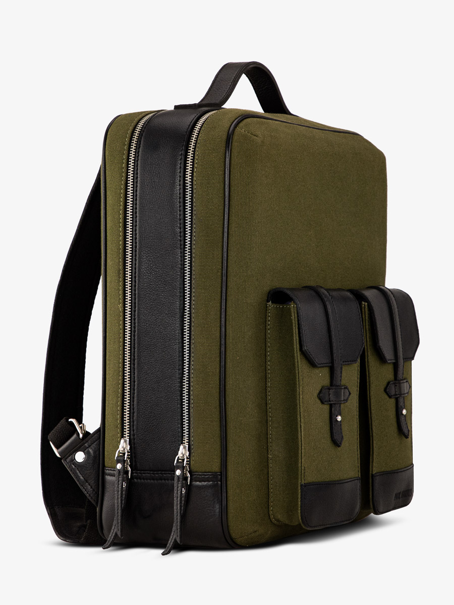 photo-vue-de-cote-sac-a-dos-cuir-unisexe-noir-kaki-urbain-noir-toile-kaki-paul-marius-b08-obl-gc