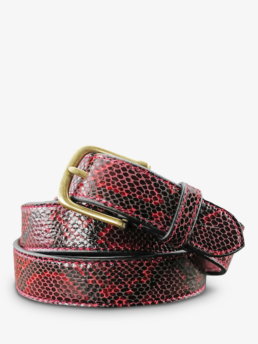 photo-vue-de-cote-ceinture-en-cuir-pour-homme-et-femme-rouge-laceinture-a-boucle-python-rouge-grenat-paul-marius-lb-115-p-rg