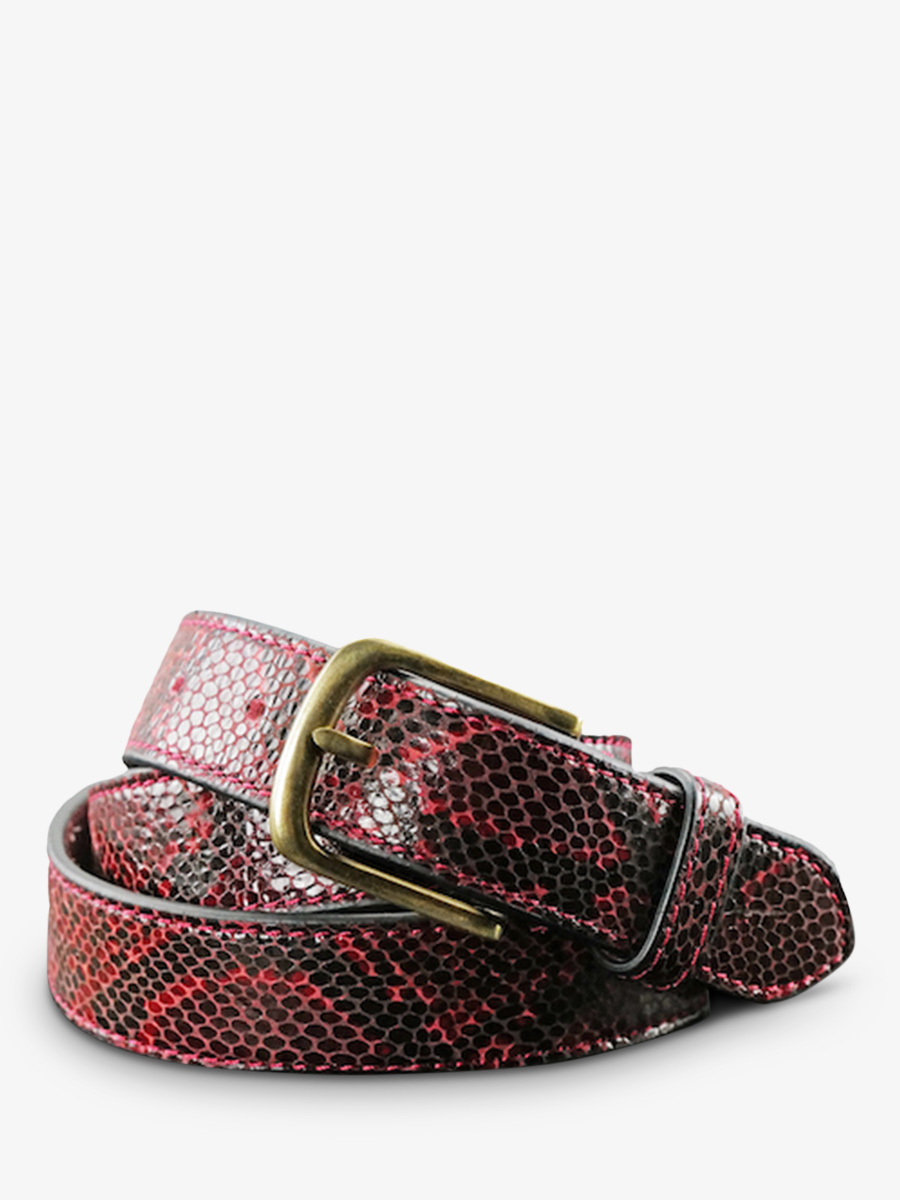 photo-vue-de-face-ceinture-en-cuir-pour-homme-et-femme-rouge-laceinture-a-boucle-python-rouge-grenat-paul-marius-lb-115-p-rg