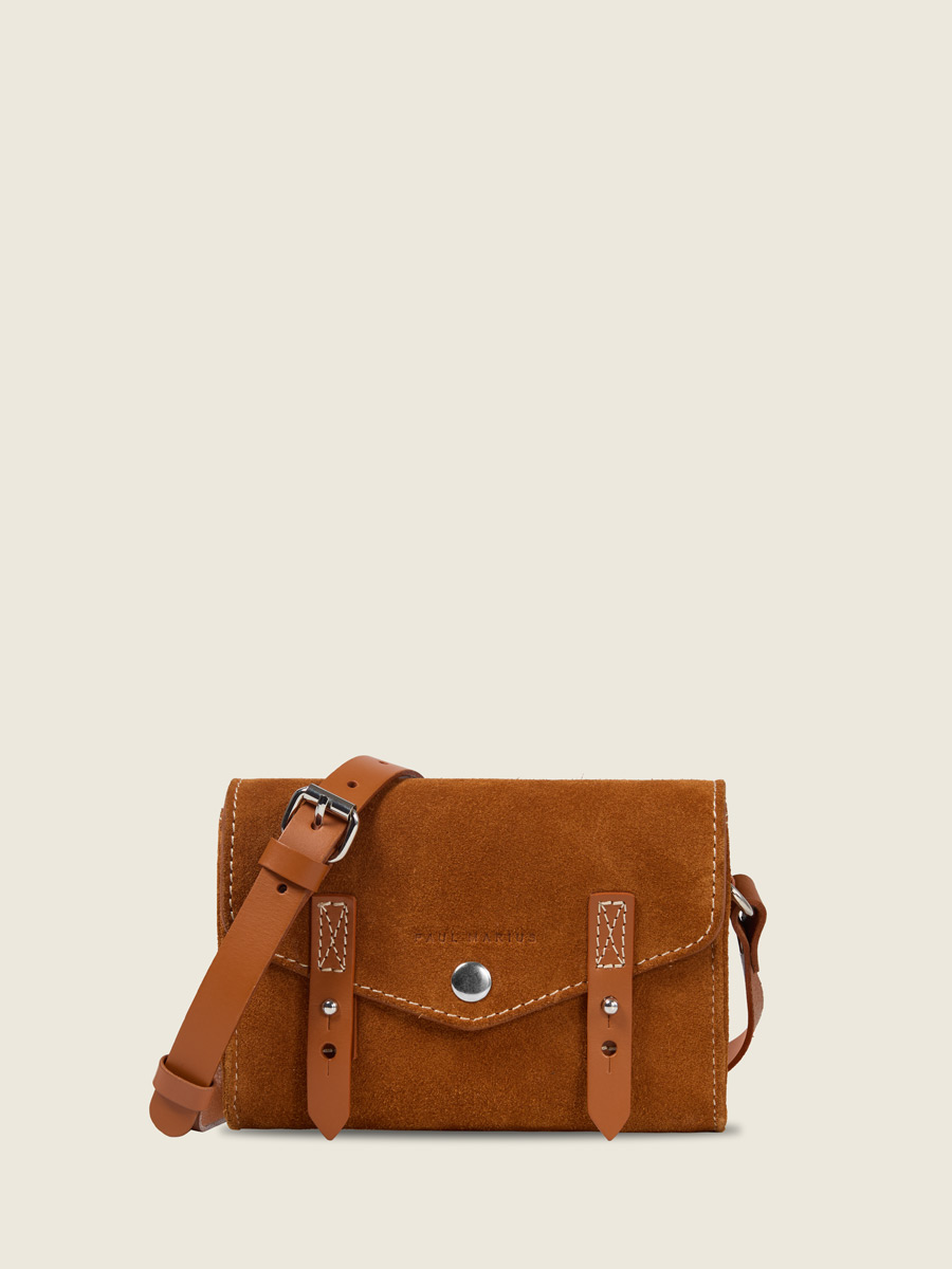 Petit sac bandoulière en cuir suédé marron LeMini Indispensable - Fauve vue face