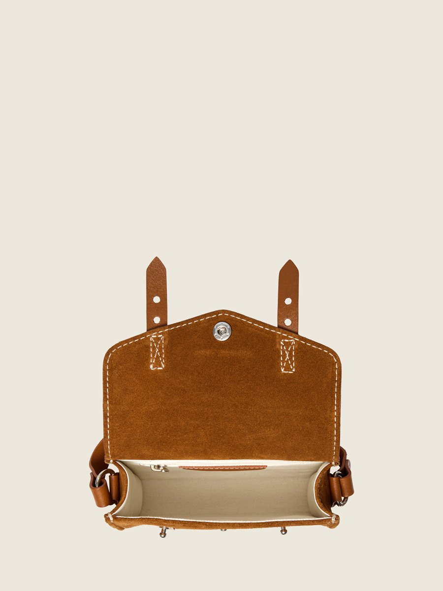 Petit sac bandoulière en cuir suédé marron LeMini Indispensable - Fauve vue interieure