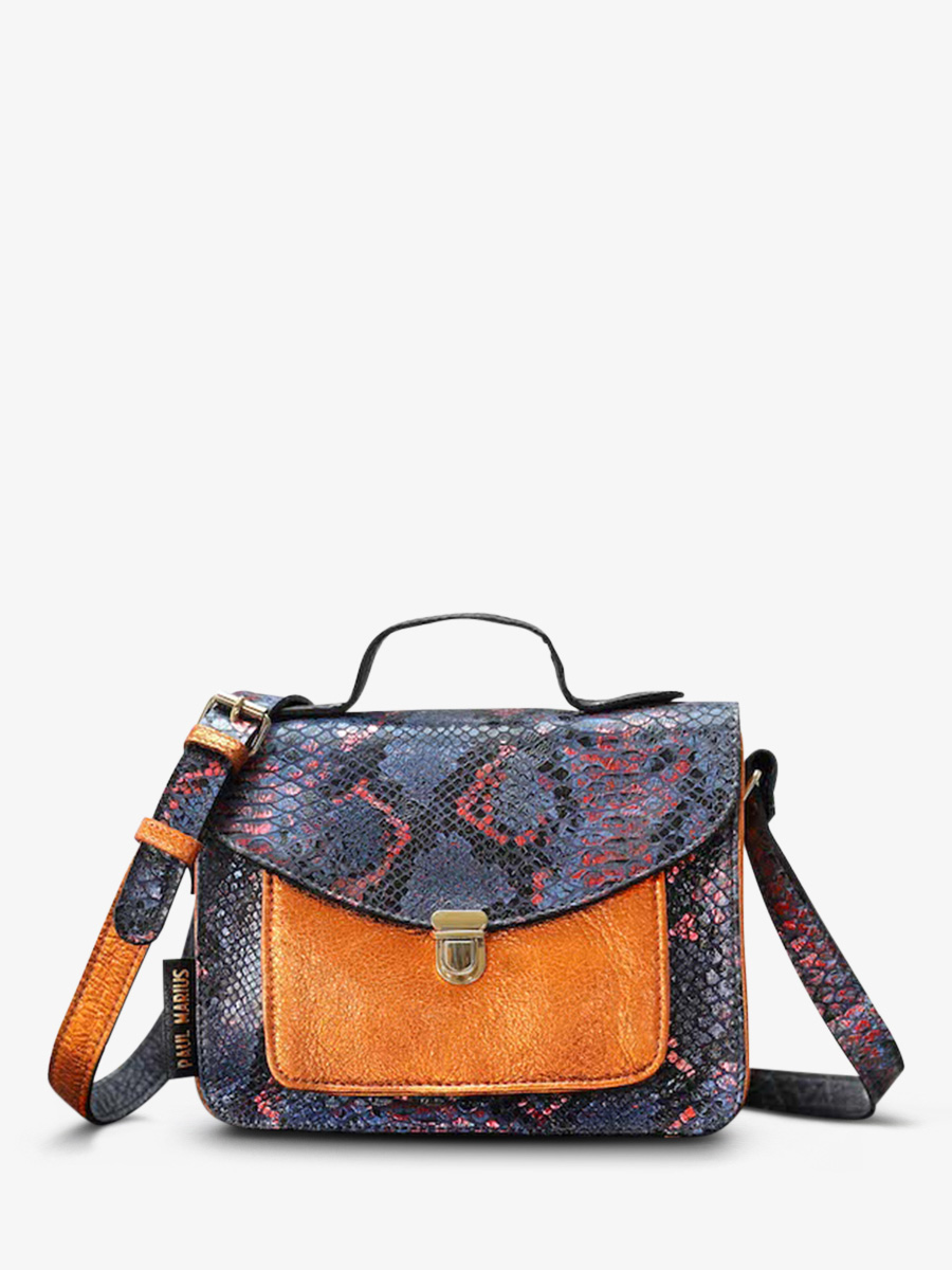 photo-vue-de-face-sac-bandouliere-cuir-femme-bleu-orange-mademoiselle-george-python-abysse-orange-metallise-paul-marius-w05-p-ab-mco