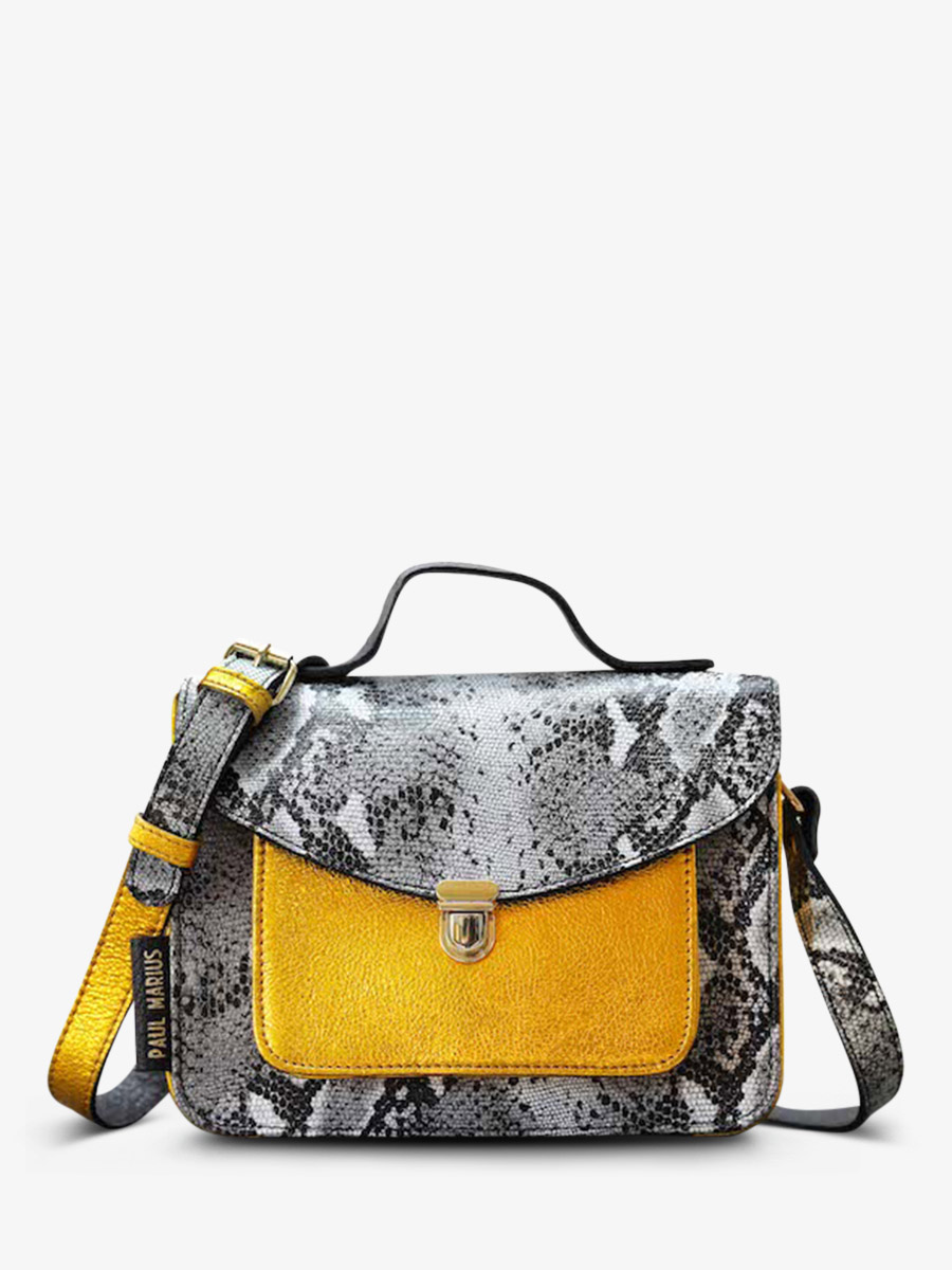 photo-vue-de-face-sac-bandouliere-cuir-femme-gris-jaune-mademoiselle-george-python-granit-jaune-metallise-paul-marius-w05-p-w-mcy