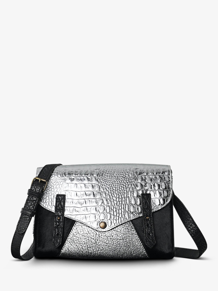 photo-vue-de-face-sac-bandouliere-cuir-femme-argente-noir-lindispensable-caiman-argente-noir-paul-marius-w08-c-s-b