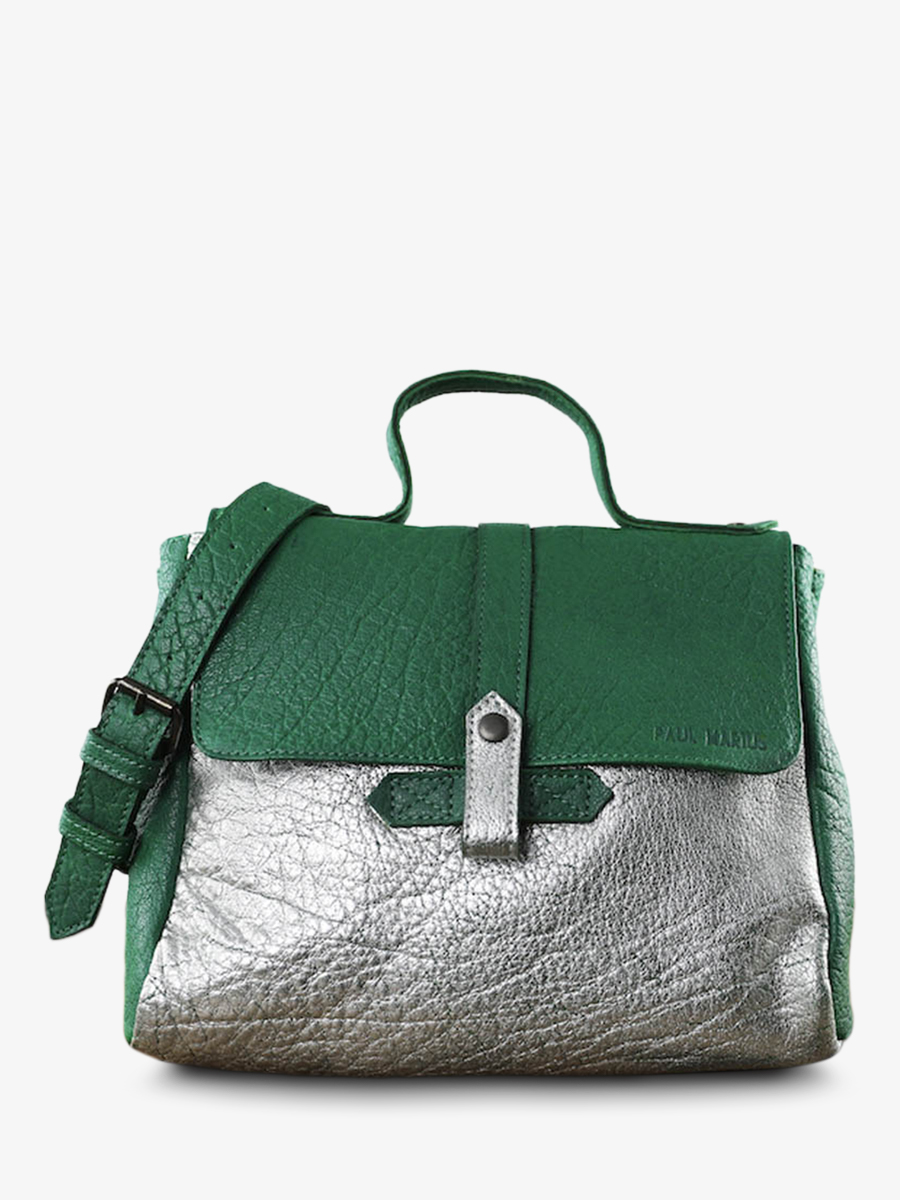 photo-vue-de-face-sac-bandouliere-cuir-femme-vert-argente-lecorneille-vert-jungle-argente-paul-marius-w23-gr-s