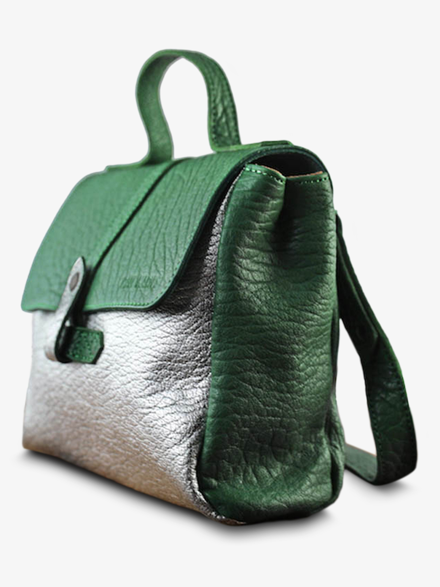 photo-vue-de-cote-sac-bandouliere-cuir-femme-vert-argente-lecorneille-vert-jungle-argente-paul-marius-w23-gr-s