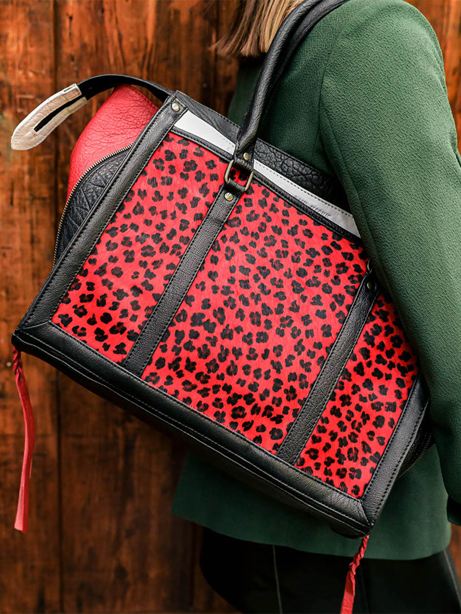LeRive Droite M L opard Noir Rouge sac a main cuir femme Noir