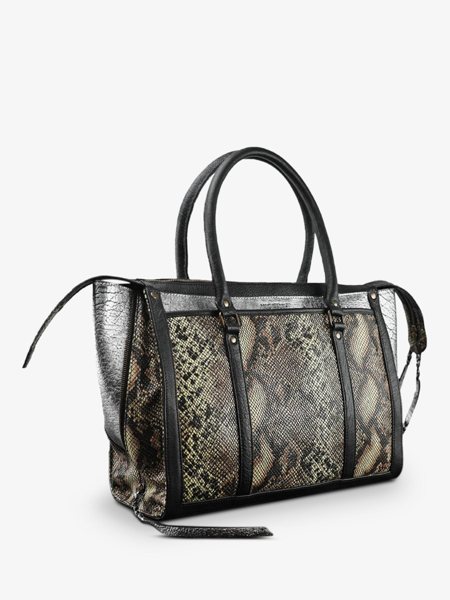 photo-vue-de-cote-sac-a-main-cuir-femme-argente-noir-lerive-droite-m-python-argente-noir-paul-marius-w19m-p-s-b