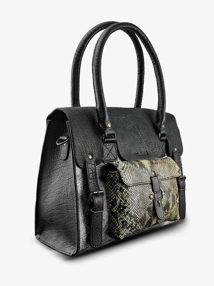 photo-vue-de-cote-sac-bandouliere-cuir-femme-argente-noir-lerive-gauche-m-python-argente-noir-paul-marius-w01m-p-s-b