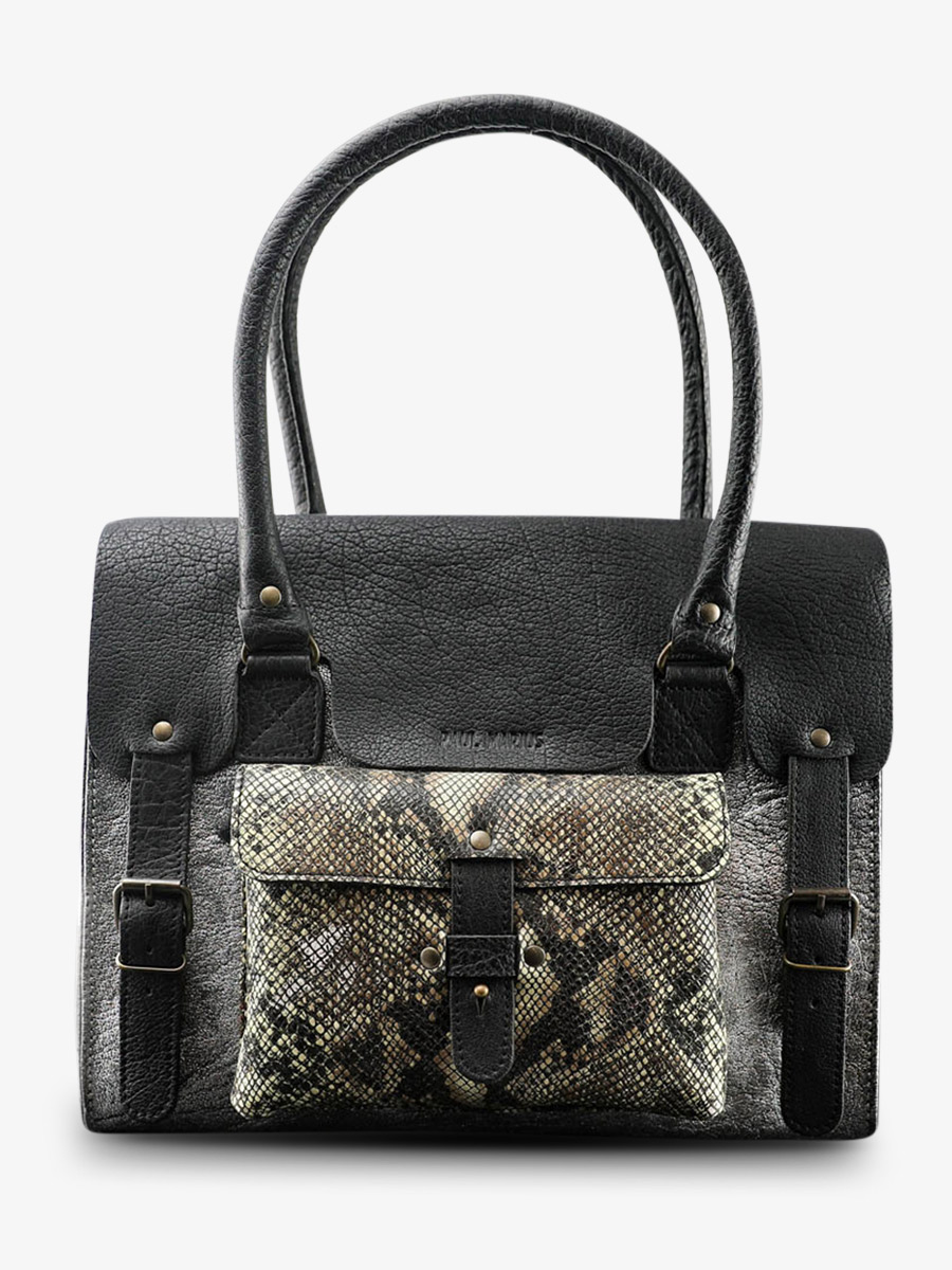 photo-vue-de-face-sac-bandouliere-cuir-femme-argente-noir-lerive-gauche-m-python-argente-noir-paul-marius-w01m-p-s-b