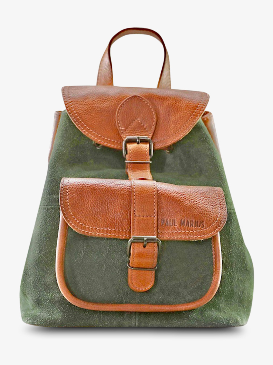 photo-vue-de-face-sac-a-dos-cuir-femme-marron-vert-lebaroudeur-pampa-naturel-vert-forêt-paul-marius-m39-ol-gf