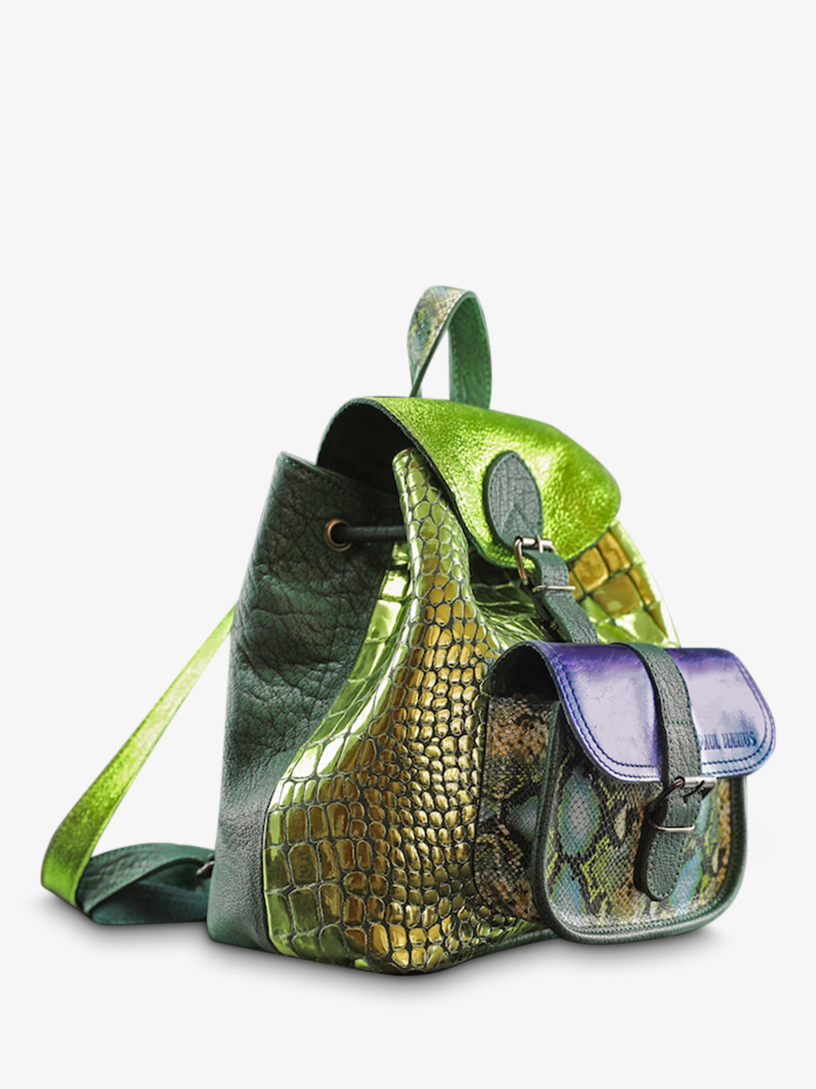 photo-vue-de-cote-sac-a-dos-cuir-femme-multicolore-lebaroudeur-chimere-dragon-paul-marius-m40-ch-gr