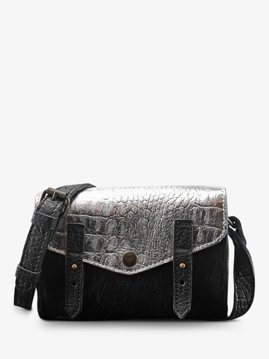 photo-vue-de-face-sac-bandouliere-cuir-femme-argente-noir-le-mini-indispensable-caiman-argente-noir-paul-marius-w08s-c-s-b