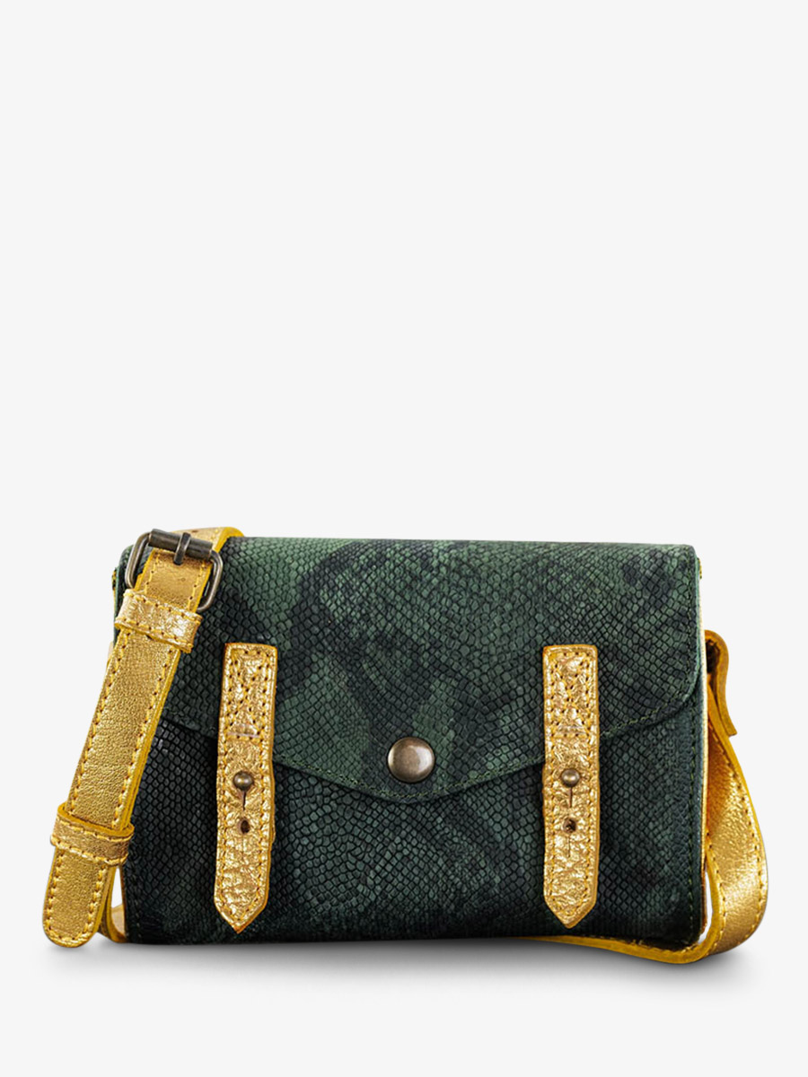 photo-vue-de-face-sac-bandouliere-cuir-femme-vert-le-mini-indispensable-python-vert-forêt-paul-marius-w08s-p-gf-g