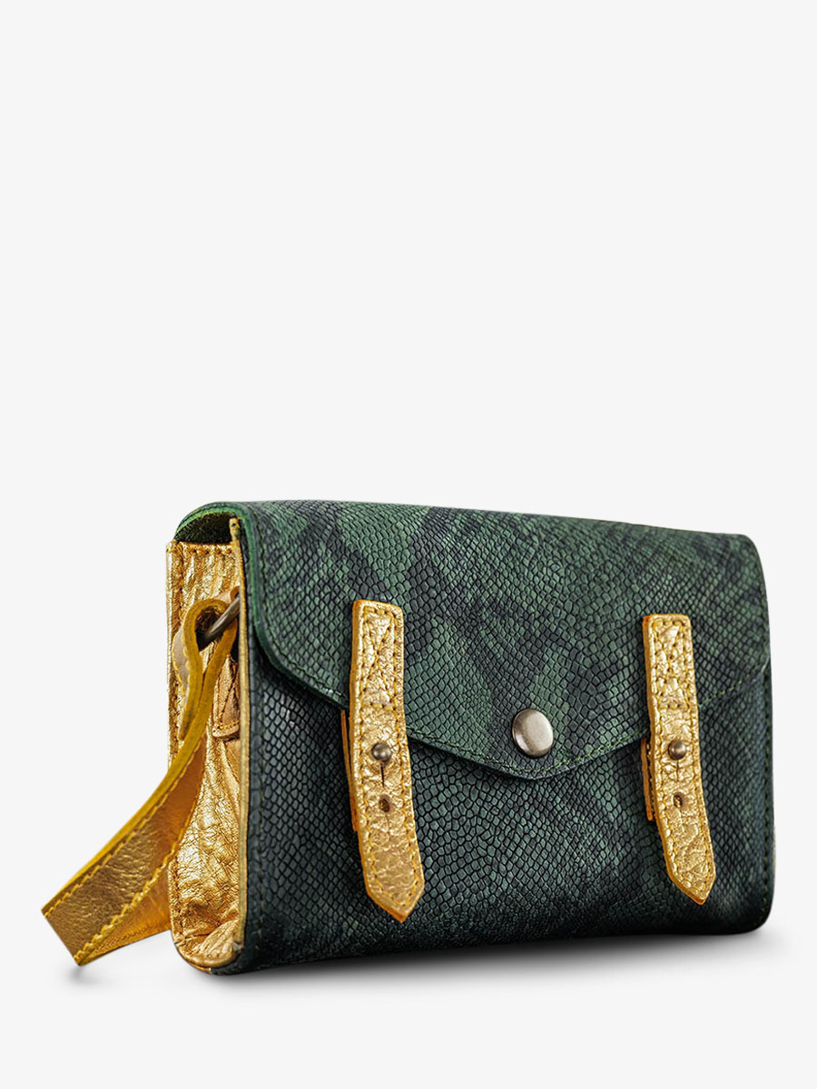 photo-vue-de-cote-sac-bandouliere-cuir-femme-vert-le-mini-indispensable-python-vert-forêt-paul-marius-w08s-p-gf-g