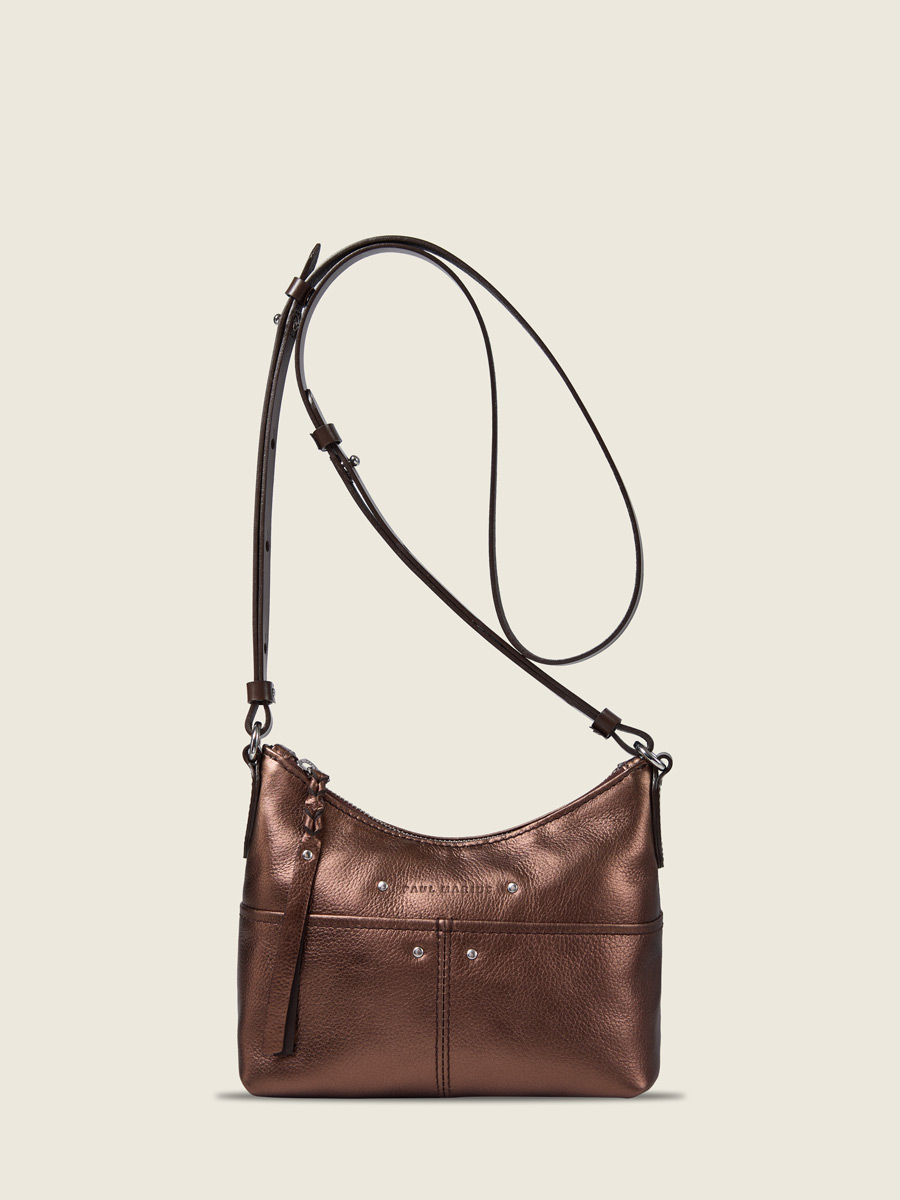 photo vue de face, petit sac bandoulière cuir cuivré, Paul Marius LeLoustic cuivré