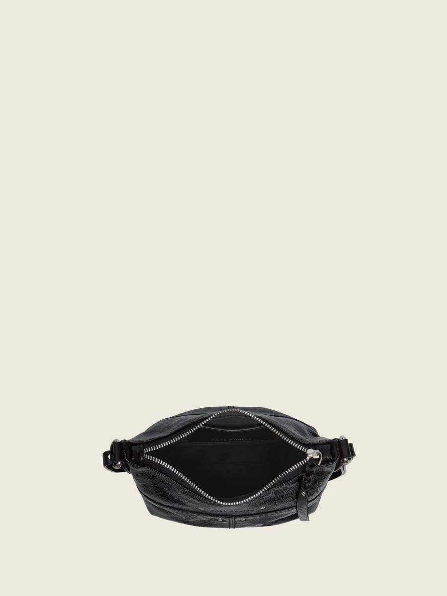 photo vue de l’intérieur, petit sac bandoulière cuir noir métallisé, Paul Marius LeLoustic Éclipse