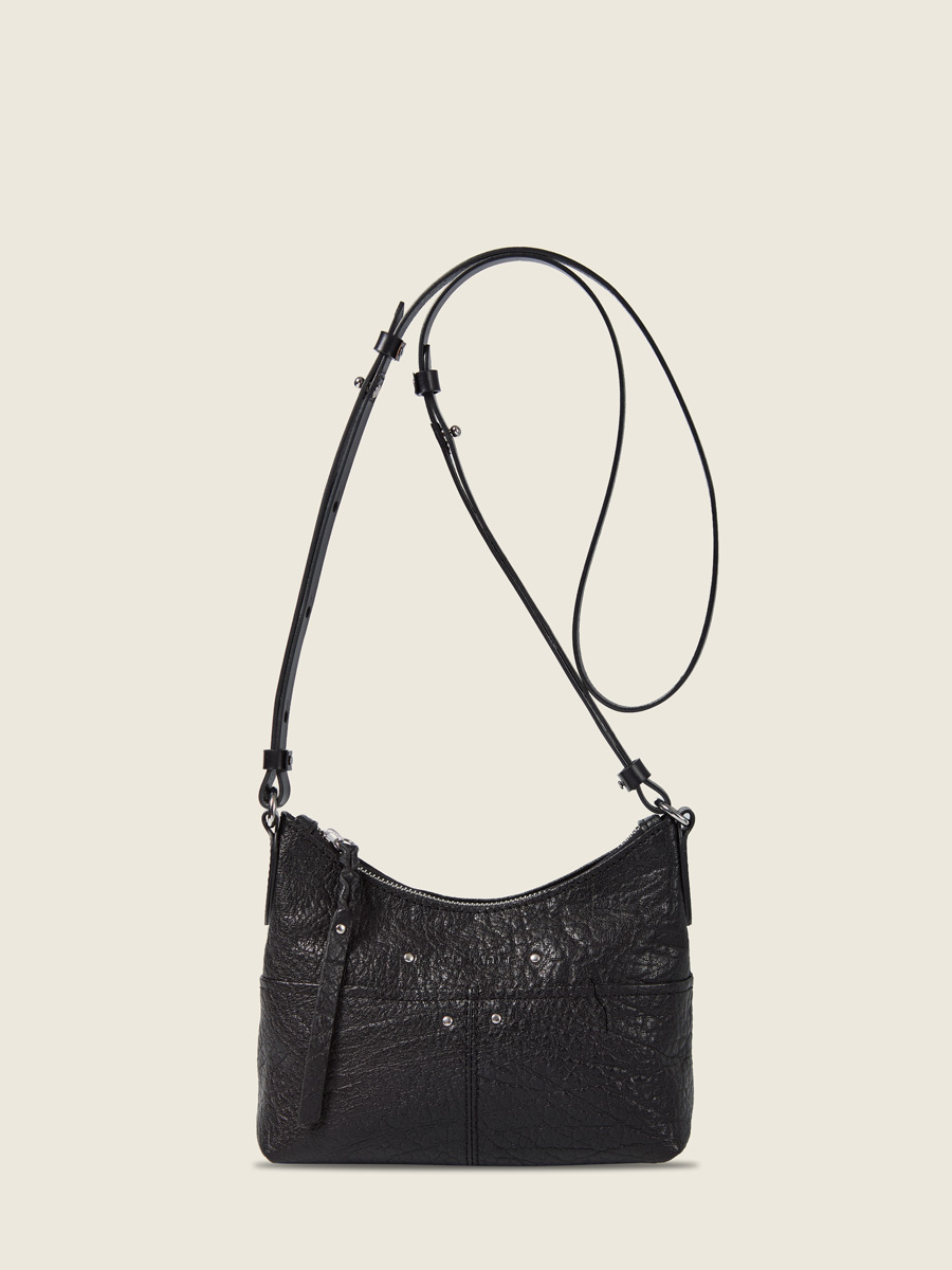 photo vue de face, petit sac bandoulière cuir noir, Paul Marius LeLoustic noir