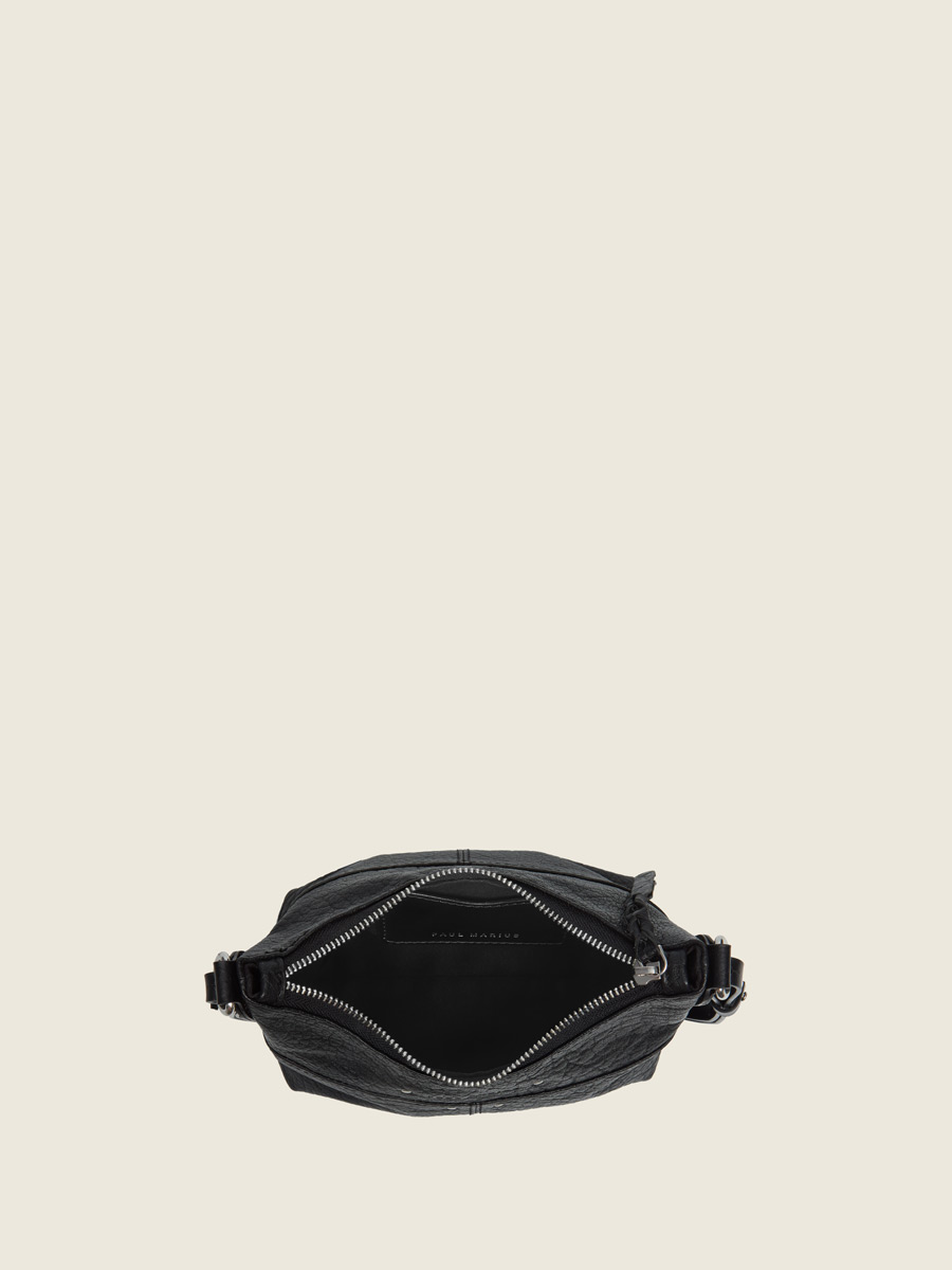 photo vue de l’intérieur, petit sac bandoulière cuir noir, Paul Marius LeLoustic noir