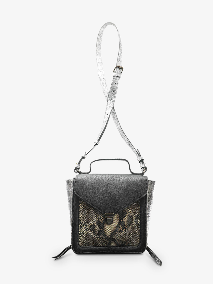 photo-vue-de-cote-petit-sac-bandouliere-cuir-femme-argente-noir-mistinguette-python-argente-noir-paul-marius-w20-p-s-b