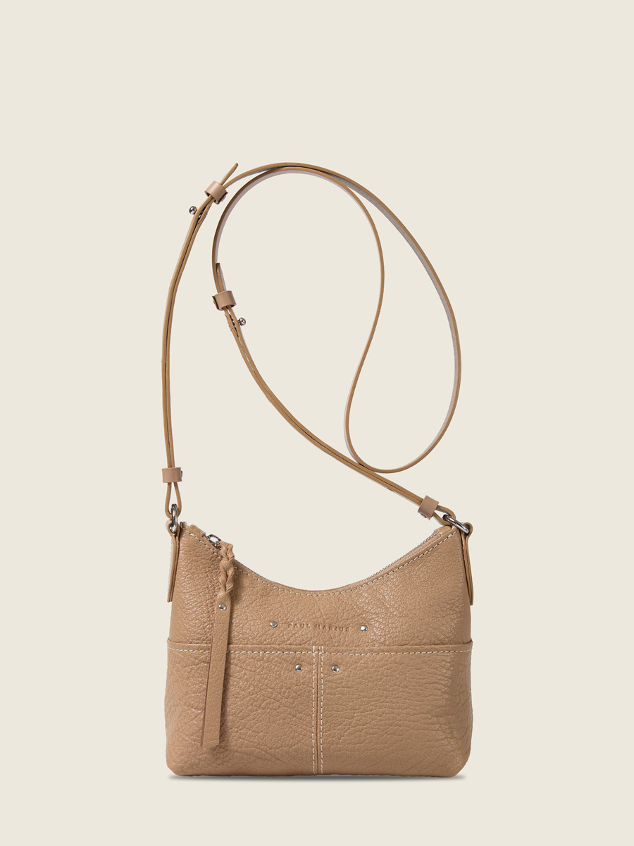 photo vue de face, petit sac bandoulière cuir taupe, Paul Marius LeLoustic taupe