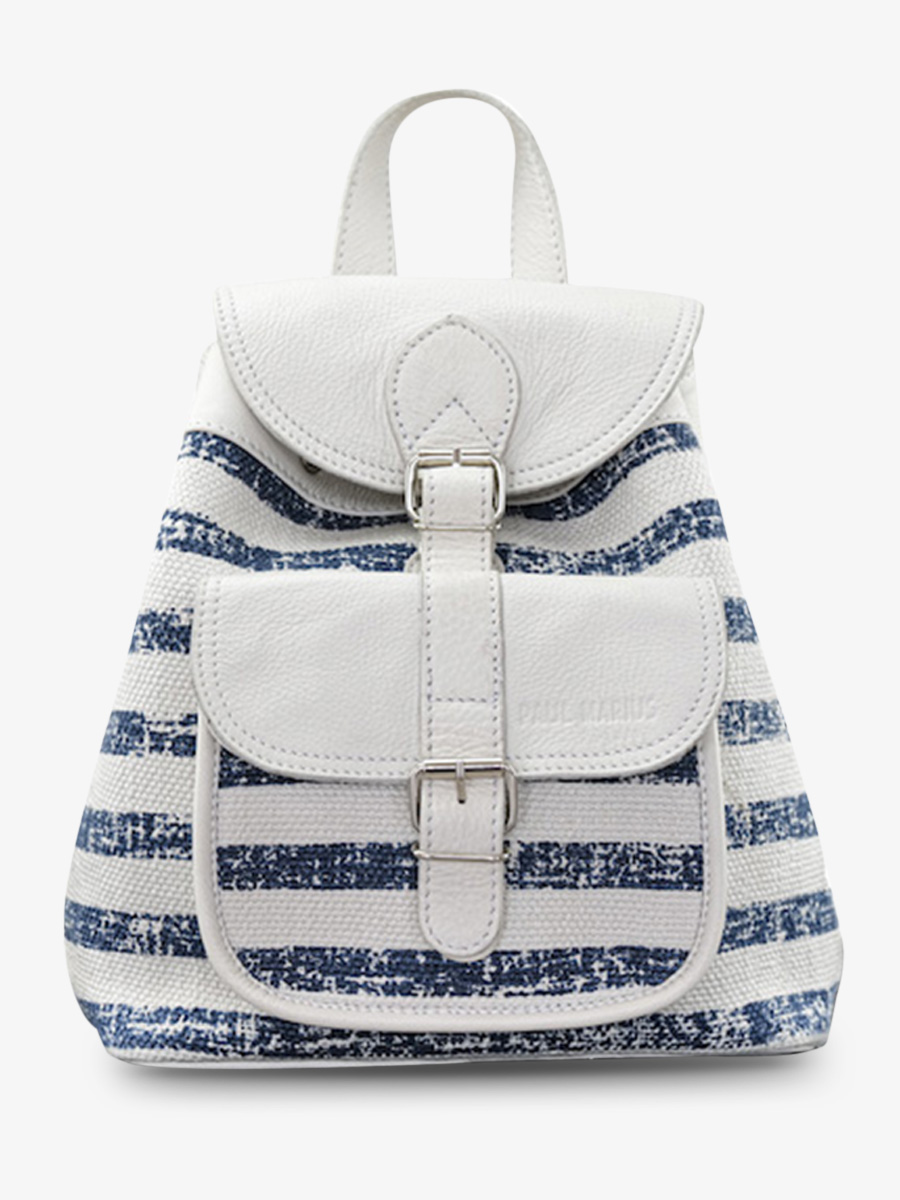 photo-vue-de-face-sac-a-dos-cuir-femme-bleu-blanc-lebaroudeur-côte-ouest-mariniere-paul-marius-m40-cnv-blu-w