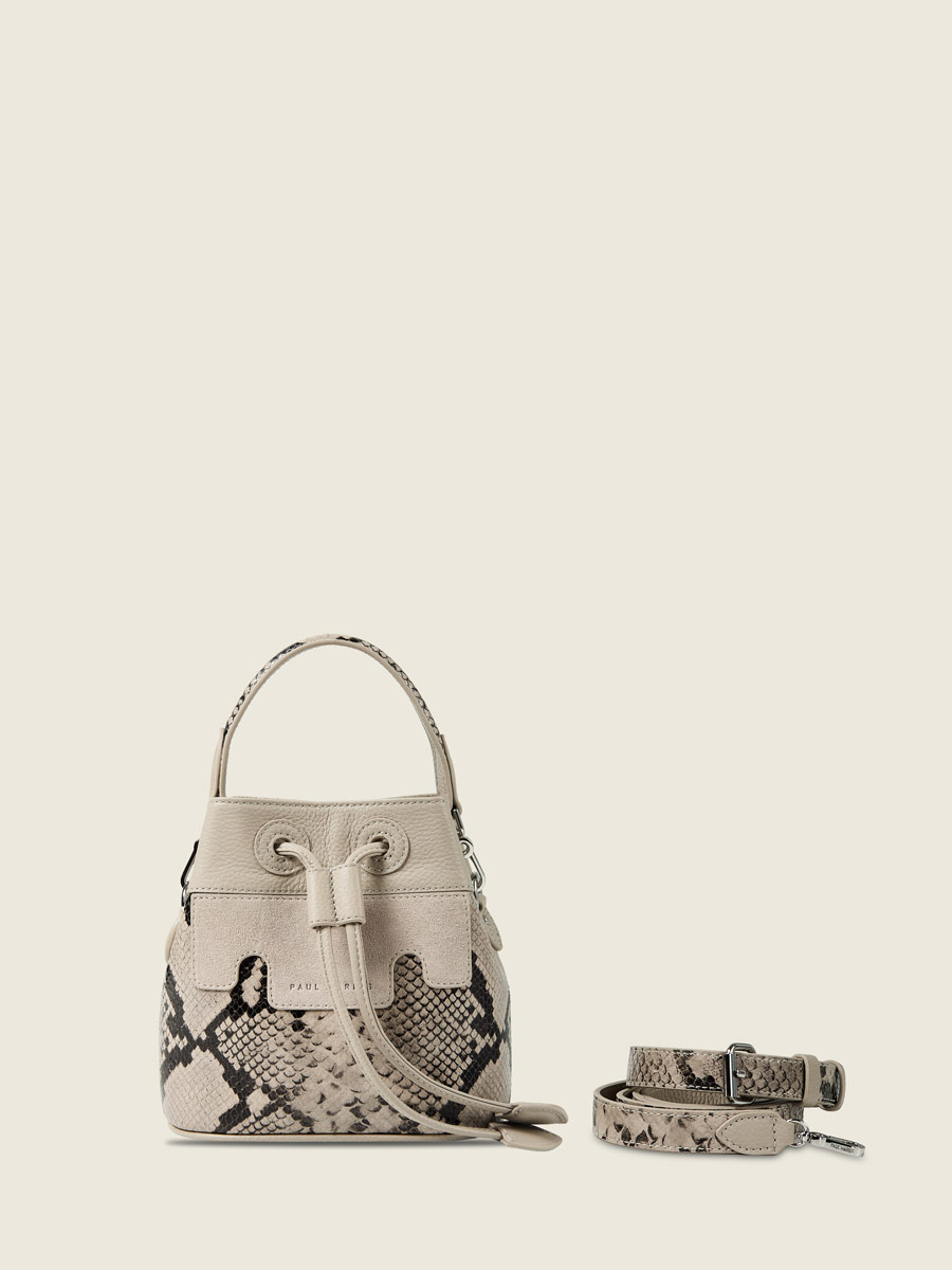 Petit sac seau en cuir gris Capucine XS Python - Galet vue face