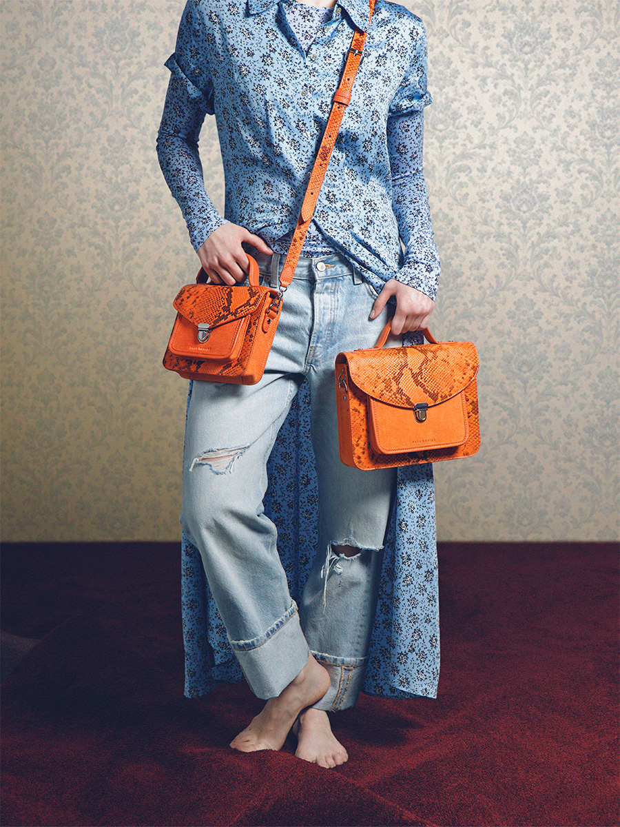 Petit sac à main en cuir orange Mademoiselle George XS Python - Ambre vue dos