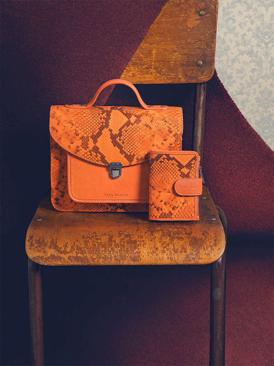 Sac à main en cuir orange Mademoiselle George Python - Ambre vue dos