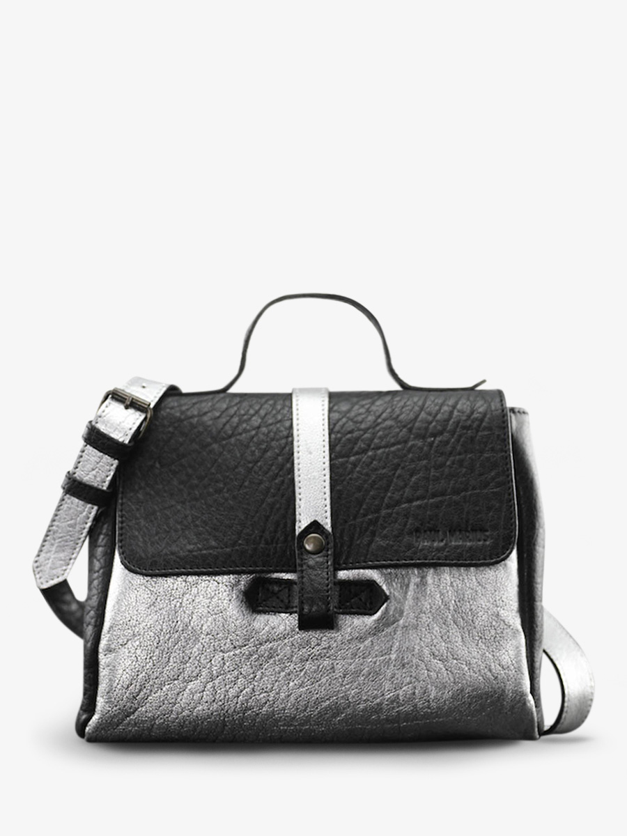 photo-vue-de-face-sac-bandouliere-cuir-femme-argente-noir-lecorneille-argente-noir-paul-marius-w23-s-b