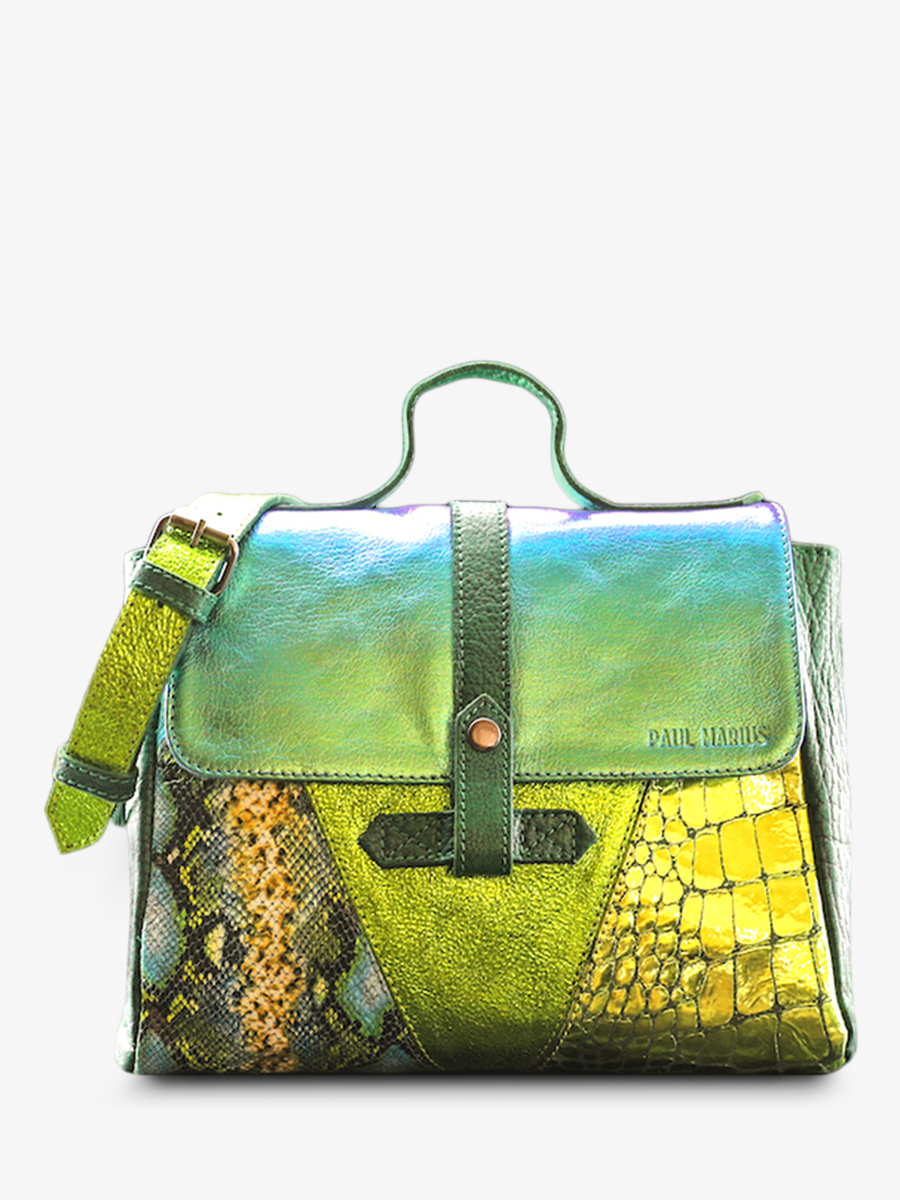 photo-vue-de-face-sac-bandouliere-cuir-femme-multicolore-lecorneille-chimere-dragon-paul-marius-w23-ch-gr