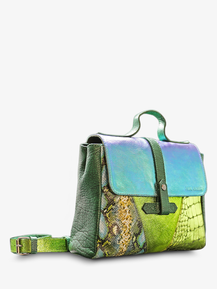 photo-vue-de-cote-sac-bandouliere-cuir-femme-multicolore-lecorneille-chimere-dragon-paul-marius-w23-ch-gr